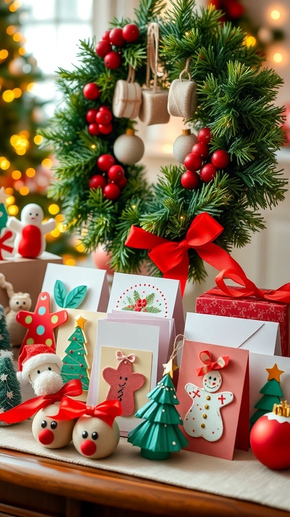 A collection of Christmas crafts including ornaments, cards, and a wreath on a festive table.